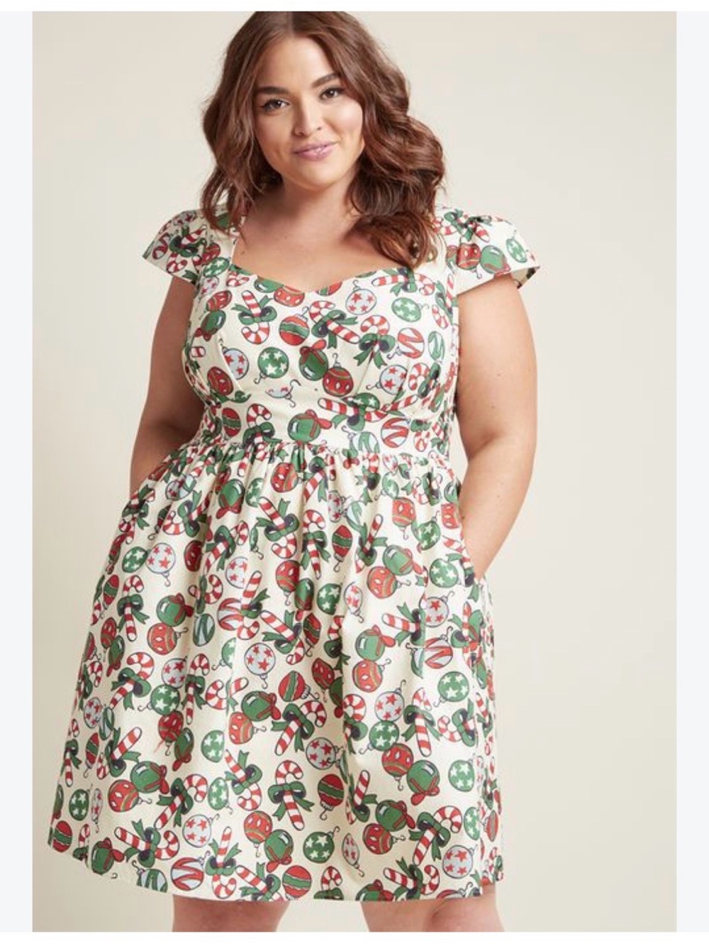 Modcloth Fit & Flare Dress with Red & Green Holiday Print Size XS NWOT